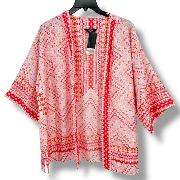 Slim Factor Satiny Mosaic Tile Open Front Short Sleeve Kimono Shirt Plus Sz 3X - Picture 2 of 7